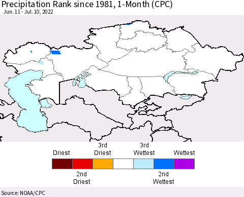 Kazakhstan Precipitation Rank since 1981, 1-Month (CPC) Thematic Map For 6/11/2022 - 7/10/2022