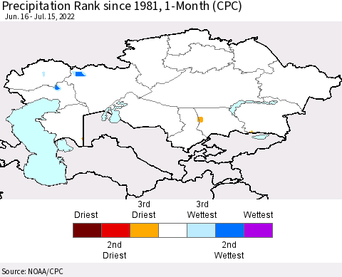 Kazakhstan Precipitation Rank since 1981, 1-Month (CPC) Thematic Map For 6/16/2022 - 7/15/2022