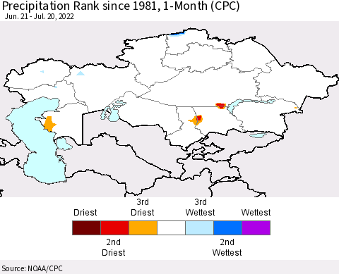 Kazakhstan Precipitation Rank since 1981, 1-Month (CPC) Thematic Map For 6/21/2022 - 7/20/2022