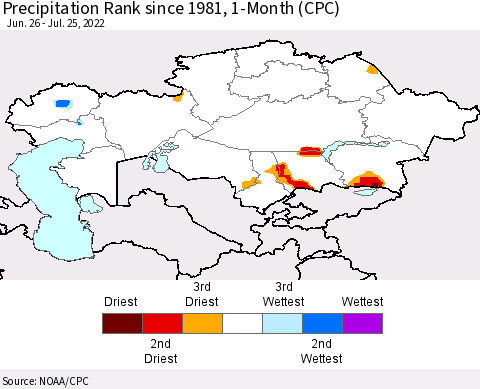 Kazakhstan Precipitation Rank since 1981, 1-Month (CPC) Thematic Map For 6/26/2022 - 7/25/2022
