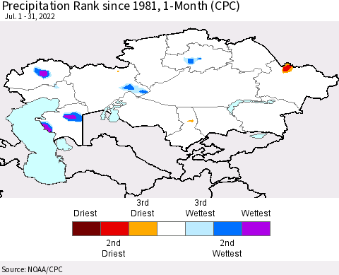 Kazakhstan Precipitation Rank since 1981, 1-Month (CPC) Thematic Map For 7/1/2022 - 7/31/2022