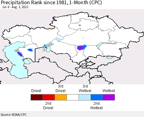 Kazakhstan Precipitation Rank since 1981, 1-Month (CPC) Thematic Map For 7/6/2022 - 8/5/2022