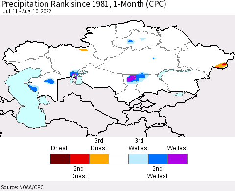 Kazakhstan Precipitation Rank since 1981, 1-Month (CPC) Thematic Map For 7/11/2022 - 8/10/2022