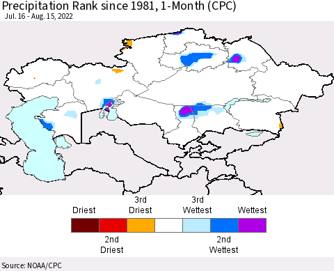 Kazakhstan Precipitation Rank since 1981, 1-Month (CPC) Thematic Map For 7/16/2022 - 8/15/2022