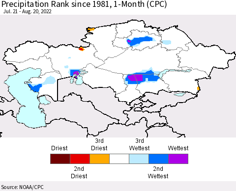Kazakhstan Precipitation Rank since 1981, 1-Month (CPC) Thematic Map For 7/21/2022 - 8/20/2022