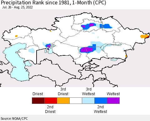 Kazakhstan Precipitation Rank since 1981, 1-Month (CPC) Thematic Map For 7/26/2022 - 8/25/2022