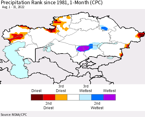 Kazakhstan Precipitation Rank since 1981, 1-Month (CPC) Thematic Map For 8/1/2022 - 8/31/2022