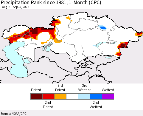 Kazakhstan Precipitation Rank since 1981, 1-Month (CPC) Thematic Map For 8/6/2022 - 9/5/2022