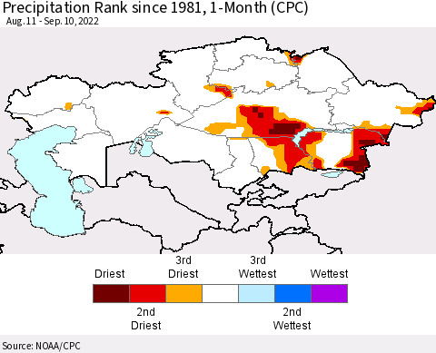Kazakhstan Precipitation Rank since 1981, 1-Month (CPC) Thematic Map For 8/11/2022 - 9/10/2022