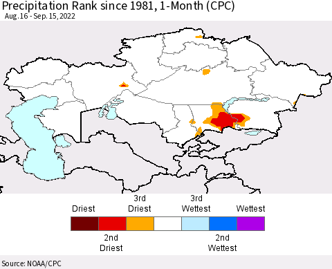 Kazakhstan Precipitation Rank since 1981, 1-Month (CPC) Thematic Map For 8/16/2022 - 9/15/2022
