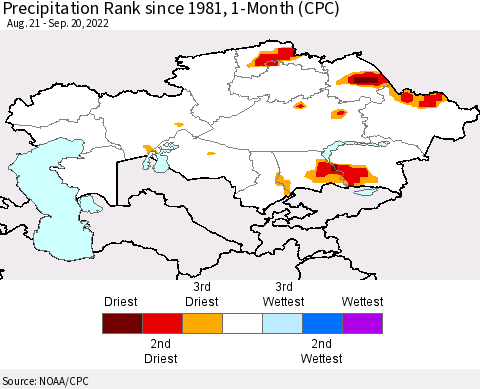 Kazakhstan Precipitation Rank since 1981, 1-Month (CPC) Thematic Map For 8/21/2022 - 9/20/2022