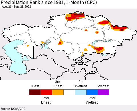 Kazakhstan Precipitation Rank since 1981, 1-Month (CPC) Thematic Map For 8/26/2022 - 9/25/2022