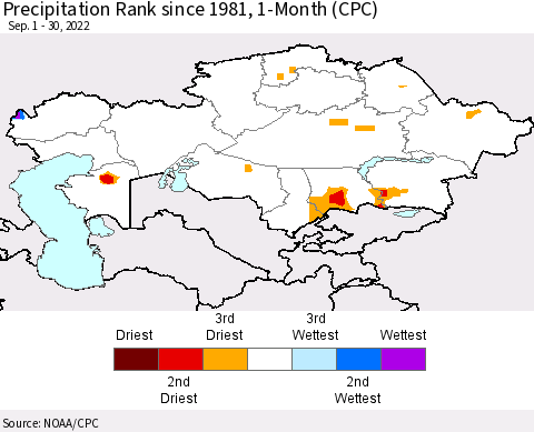 Kazakhstan Precipitation Rank since 1981, 1-Month (CPC) Thematic Map For 9/1/2022 - 9/30/2022