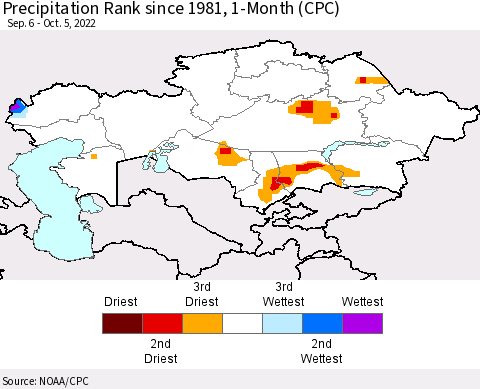 Kazakhstan Precipitation Rank since 1981, 1-Month (CPC) Thematic Map For 9/6/2022 - 10/5/2022