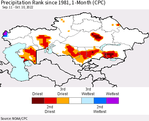 Kazakhstan Precipitation Rank since 1981, 1-Month (CPC) Thematic Map For 9/11/2022 - 10/10/2022
