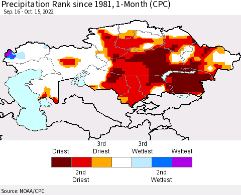 Kazakhstan Precipitation Rank since 1981, 1-Month (CPC) Thematic Map For 9/16/2022 - 10/15/2022