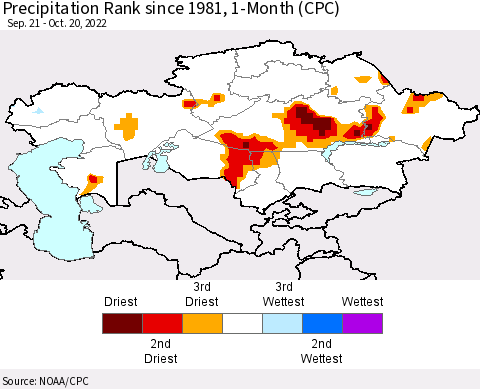 Kazakhstan Precipitation Rank since 1981, 1-Month (CPC) Thematic Map For 9/21/2022 - 10/20/2022