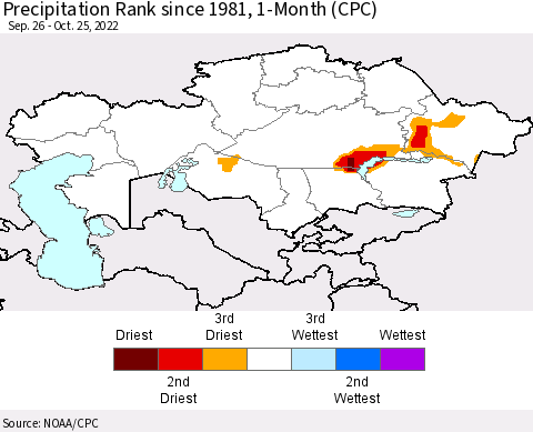 Kazakhstan Precipitation Rank since 1981, 1-Month (CPC) Thematic Map For 9/26/2022 - 10/25/2022