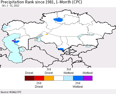Kazakhstan Precipitation Rank since 1981, 1-Month (CPC) Thematic Map For 10/1/2022 - 10/31/2022