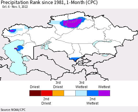 Kazakhstan Precipitation Rank since 1981, 1-Month (CPC) Thematic Map For 10/6/2022 - 11/5/2022