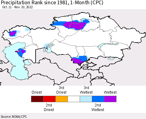 Kazakhstan Precipitation Rank since 1981, 1-Month (CPC) Thematic Map For 10/11/2022 - 11/10/2022