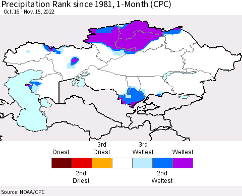 Kazakhstan Precipitation Rank since 1981, 1-Month (CPC) Thematic Map For 10/16/2022 - 11/15/2022