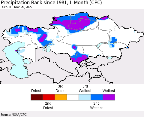 Kazakhstan Precipitation Rank since 1981, 1-Month (CPC) Thematic Map For 10/21/2022 - 11/20/2022