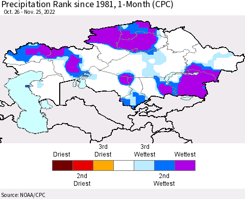 Kazakhstan Precipitation Rank since 1981, 1-Month (CPC) Thematic Map For 10/26/2022 - 11/25/2022