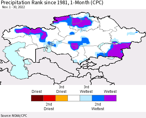 Kazakhstan Precipitation Rank since 1981, 1-Month (CPC) Thematic Map For 11/1/2022 - 11/30/2022