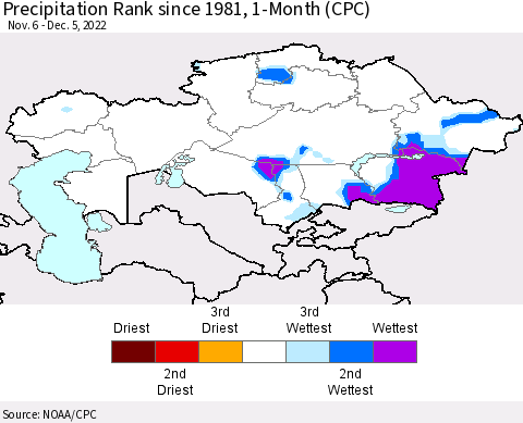 Kazakhstan Precipitation Rank since 1981, 1-Month (CPC) Thematic Map For 11/6/2022 - 12/5/2022