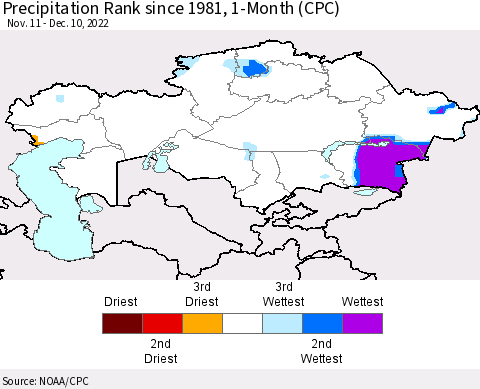 Kazakhstan Precipitation Rank since 1981, 1-Month (CPC) Thematic Map For 11/11/2022 - 12/10/2022