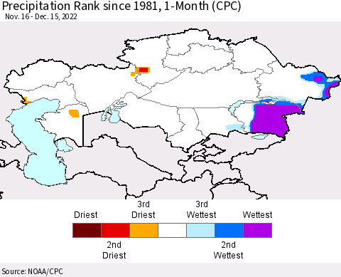 Kazakhstan Precipitation Rank since 1981, 1-Month (CPC) Thematic Map For 11/16/2022 - 12/15/2022