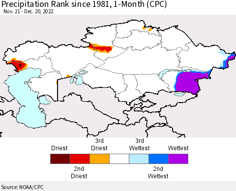 Kazakhstan Precipitation Rank since 1981, 1-Month (CPC) Thematic Map For 11/21/2022 - 12/20/2022