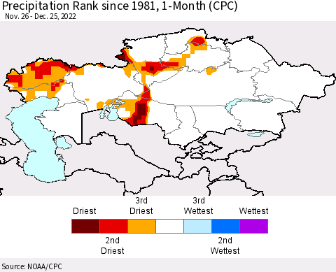 Kazakhstan Precipitation Rank since 1981, 1-Month (CPC) Thematic Map For 11/26/2022 - 12/25/2022