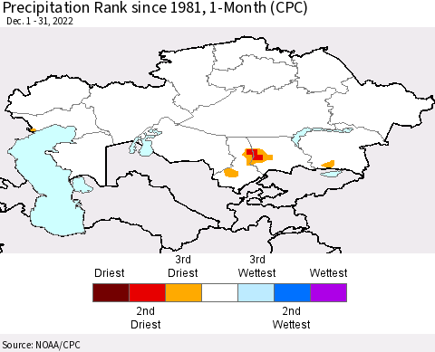 Kazakhstan Precipitation Rank since 1981, 1-Month (CPC) Thematic Map For 12/1/2022 - 12/31/2022