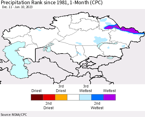 Kazakhstan Precipitation Rank since 1981, 1-Month (CPC) Thematic Map For 12/11/2022 - 1/10/2023
