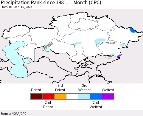 Kazakhstan Precipitation Rank since 1981, 1-Month (CPC) Thematic Map For 12/16/2022 - 1/15/2023
