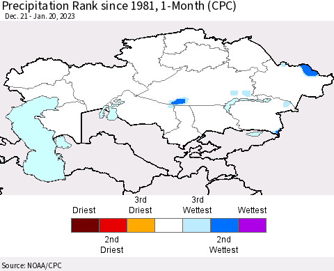 Kazakhstan Precipitation Rank since 1981, 1-Month (CPC) Thematic Map For 12/21/2022 - 1/20/2023