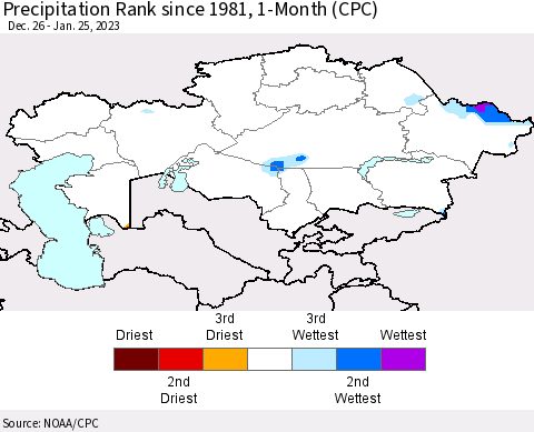 Kazakhstan Precipitation Rank since 1981, 1-Month (CPC) Thematic Map For 12/26/2022 - 1/25/2023