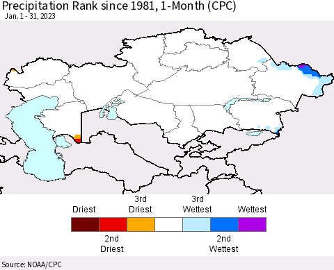 Kazakhstan Precipitation Rank since 1981, 1-Month (CPC) Thematic Map For 1/1/2023 - 1/31/2023