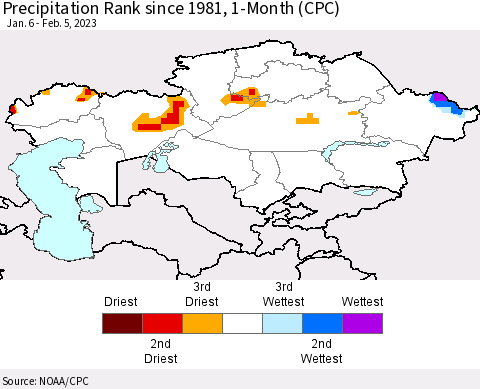Kazakhstan Precipitation Rank since 1981, 1-Month (CPC) Thematic Map For 1/6/2023 - 2/5/2023