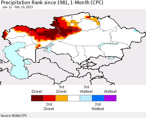 Kazakhstan Precipitation Rank since 1981, 1-Month (CPC) Thematic Map For 1/11/2023 - 2/10/2023