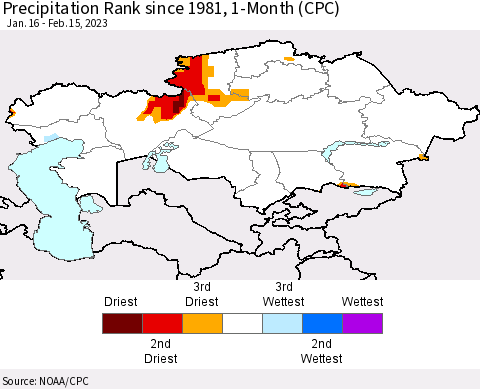 Kazakhstan Precipitation Rank since 1981, 1-Month (CPC) Thematic Map For 1/16/2023 - 2/15/2023