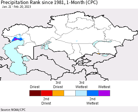 Kazakhstan Precipitation Rank since 1981, 1-Month (CPC) Thematic Map For 1/21/2023 - 2/20/2023