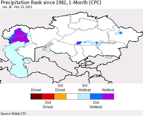 Kazakhstan Precipitation Rank since 1981, 1-Month (CPC) Thematic Map For 1/26/2023 - 2/25/2023