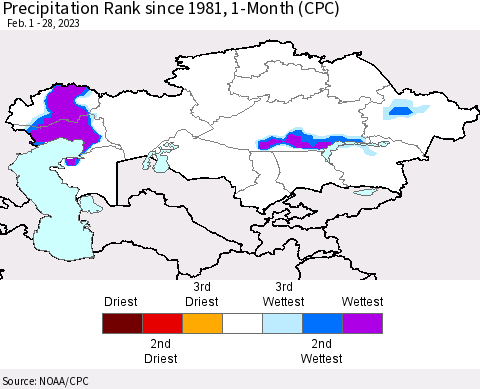 Kazakhstan Precipitation Rank since 1981, 1-Month (CPC) Thematic Map For 2/1/2023 - 2/28/2023