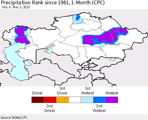 Kazakhstan Precipitation Rank since 1981, 1-Month (CPC) Thematic Map For 2/6/2023 - 3/5/2023