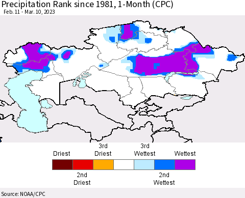 Kazakhstan Precipitation Rank since 1981, 1-Month (CPC) Thematic Map For 2/11/2023 - 3/10/2023
