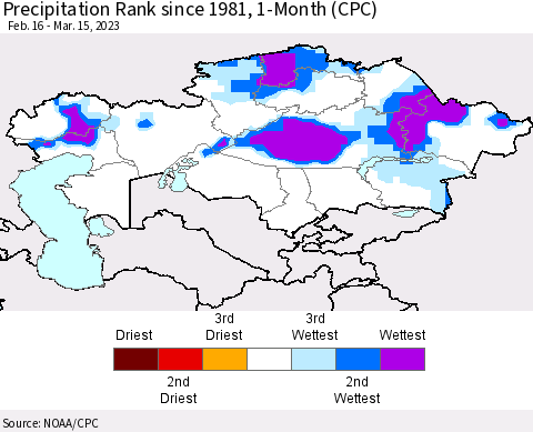 Kazakhstan Precipitation Rank since 1981, 1-Month (CPC) Thematic Map For 2/16/2023 - 3/15/2023