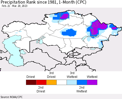 Kazakhstan Precipitation Rank since 1981, 1-Month (CPC) Thematic Map For 2/21/2023 - 3/20/2023